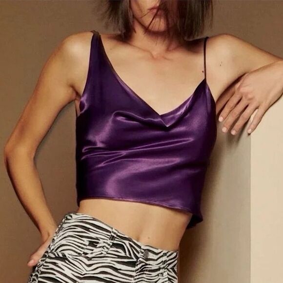 ZARA Blouse Satin Effects Top Purple Asymmetric Camisole Size S BLOGGER FAVORITE - Picture 1 of 7